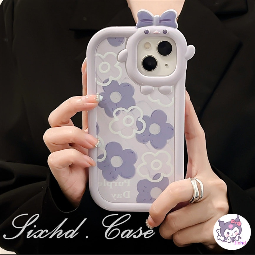 Compatible For iPhone 14 13 12 11 Pro Max SE 2020 X Xr Xs Max 8 7 Plus 3D Small Monster Case Ins Fashion Purple Flower Phone Case Anti-drop TPU Soft Protective Cover