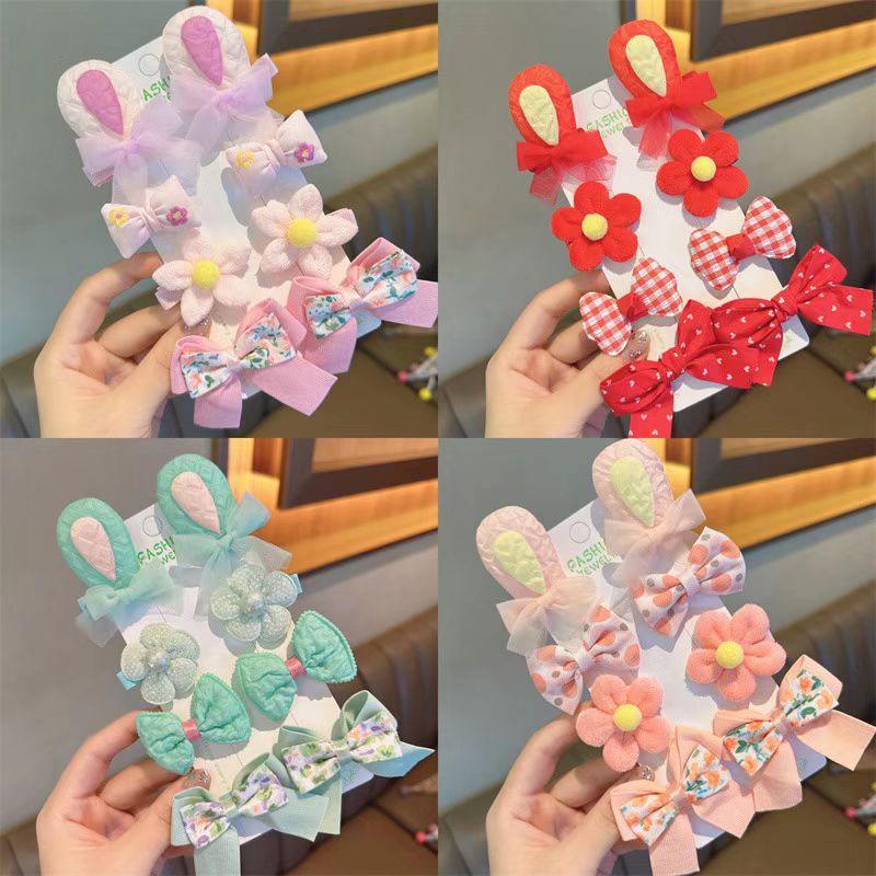 (Hello Girl)F169 Set Jepit Rambut 1Set 8pcs Jepit Anak Motif Telinga Pita Bunga Import