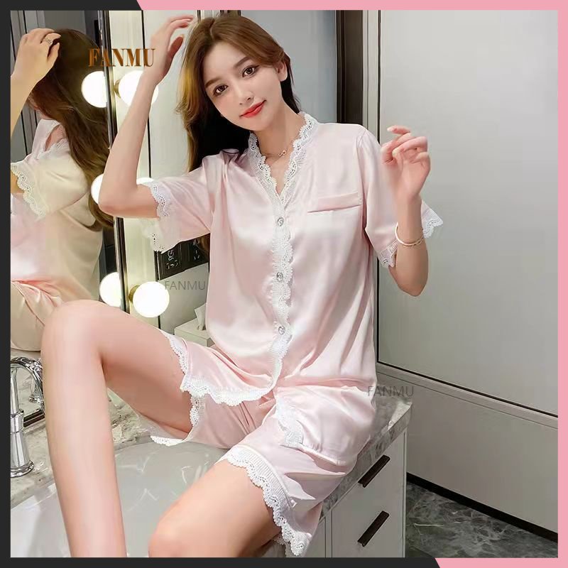 [COD] setelan piyama wanita daster kekinian/baju tidur wanita satin premium/baju tidur korea/piyama pendek wanita/baju tidur celana pendek wanita