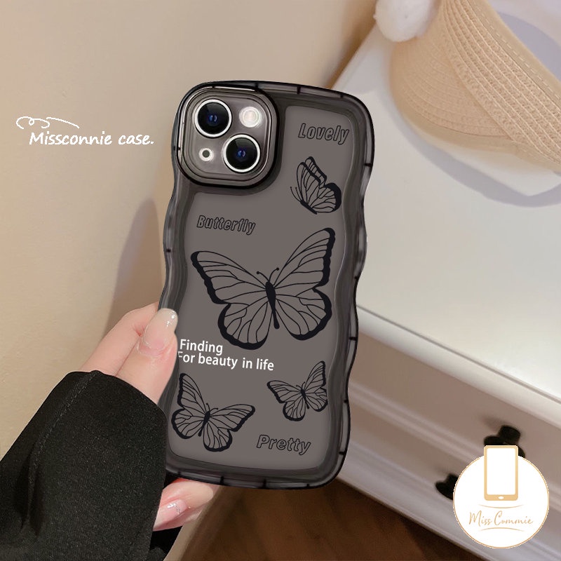 IPHONE Casing Ponsel Bunga Kupu-Kupu Hitam Retro Mewah Kompatibel Untuk Iphone6 6s 8 7 Plus 11 Pro Max XR 14 13 12 Pro Max 14 Plus X XS Max SE 2020 Lembut TPU Tepi Bergelombang Anti Jatuh Full Case