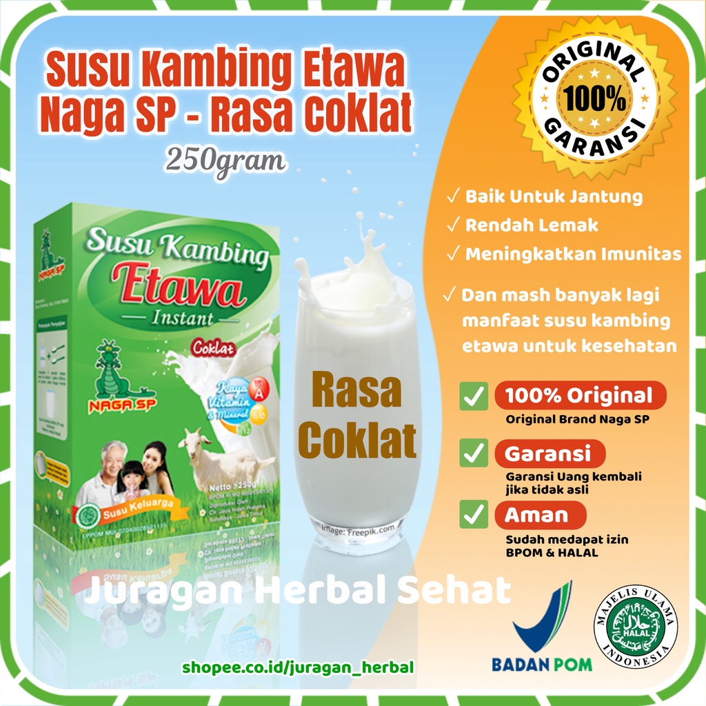 

Susu Bubuk Kambing Etawa Asli Rasa Coklat Sehat Naga SP 250g Cokelat