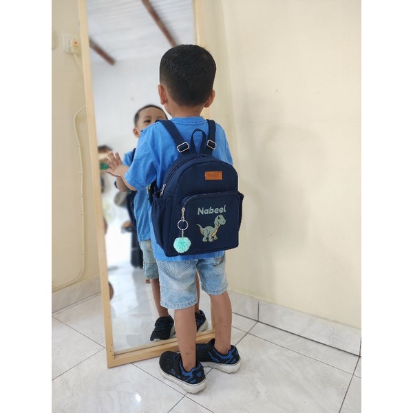 (Backpack Anak Kids) Baglist Navy Biru Dongker tas ransel custom bordir nama gambar paud tk sekolah dino gajah