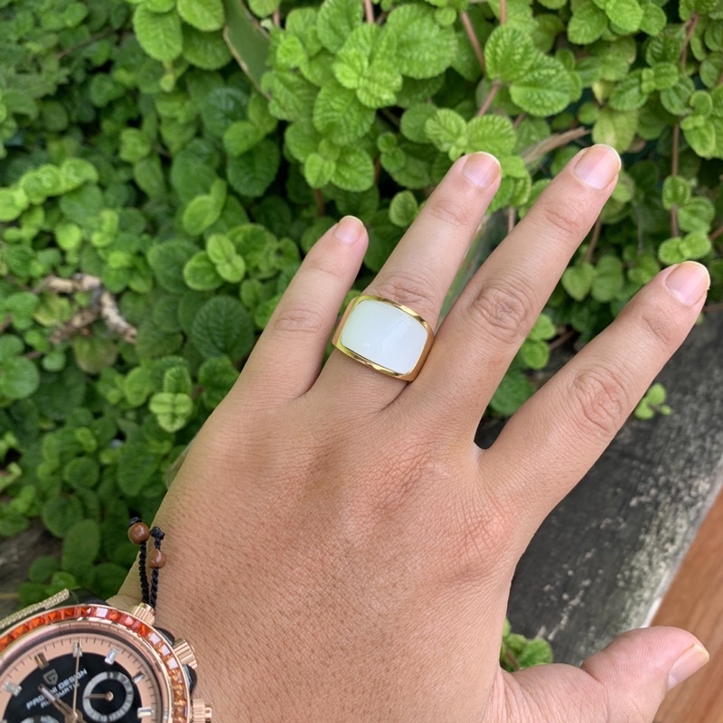 Cincin White Cat Eye Opal Ring Gold Titanium Steel High Quality