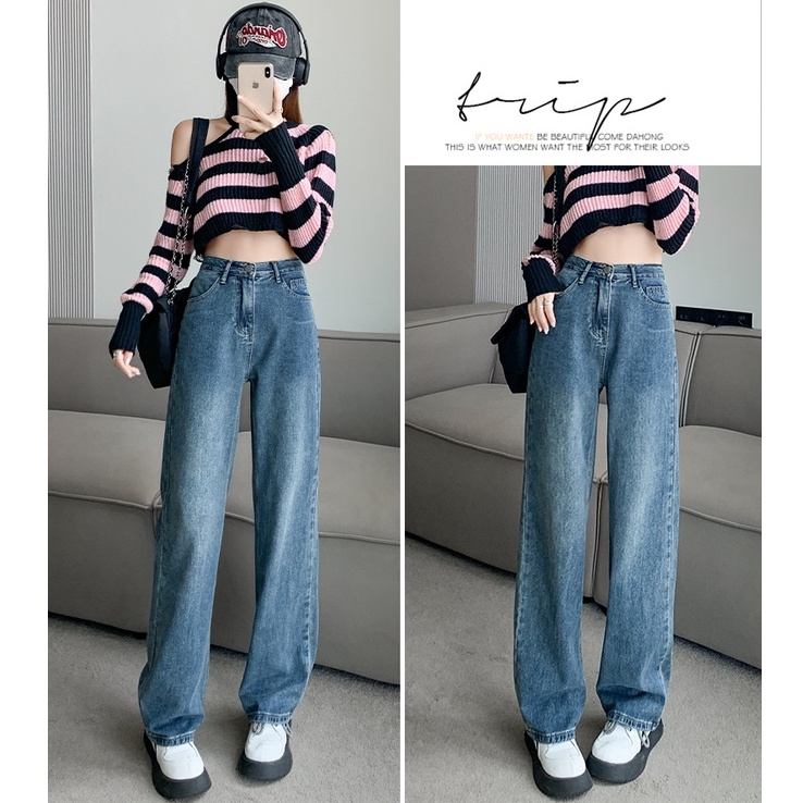 Import Biru Retro Serbaguna Celana Jeans Wanita High Waist Loose