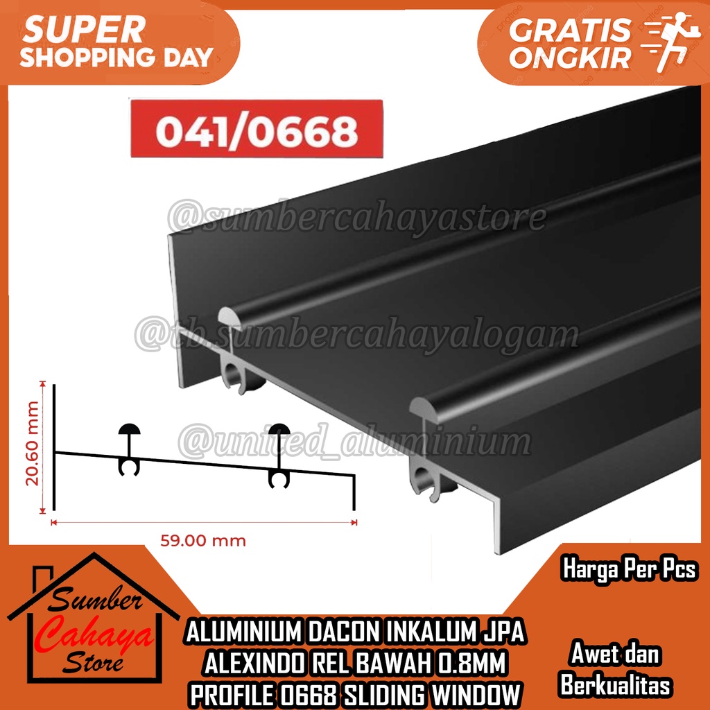 ALUMINIUM REL BAWAH 0.8MM PROFILE 0668 SLIDING WINDOW PER 10 CM DACON INKALUM JPA ALEXINDO ALEKSINDO