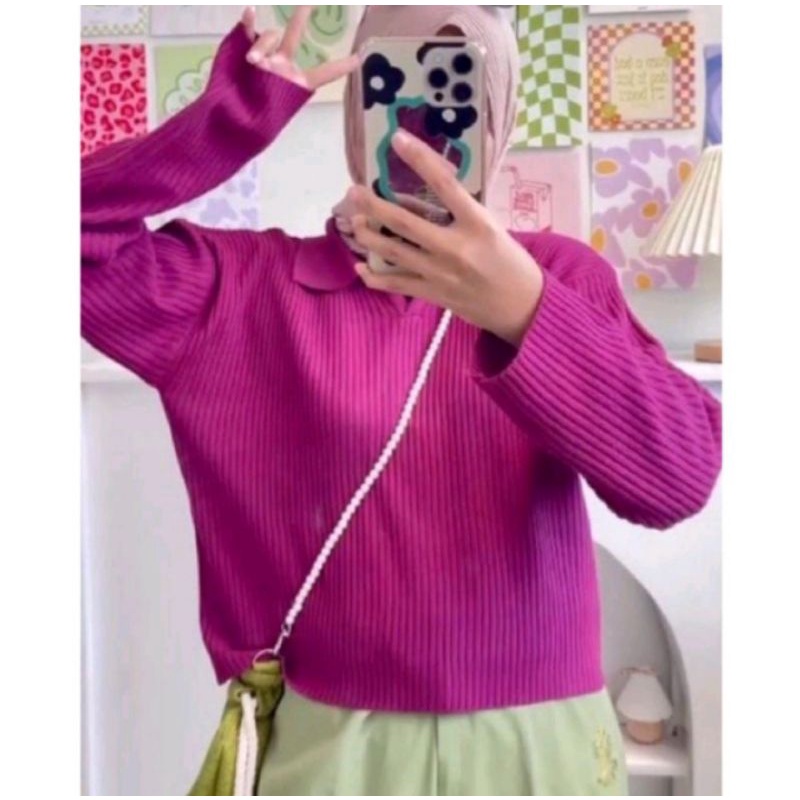 RAJUT BLOUSE POLO / CROP TOP LOLA / SWEATER RAJUT POLO / PAKAIAN RAJUT WANITA