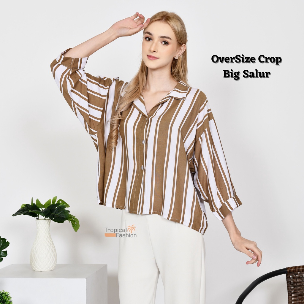 Kemeja Wanita OverSize Crop Motif BIG SALUR Garis Terbaru Kekinian l Cwek Style Korea