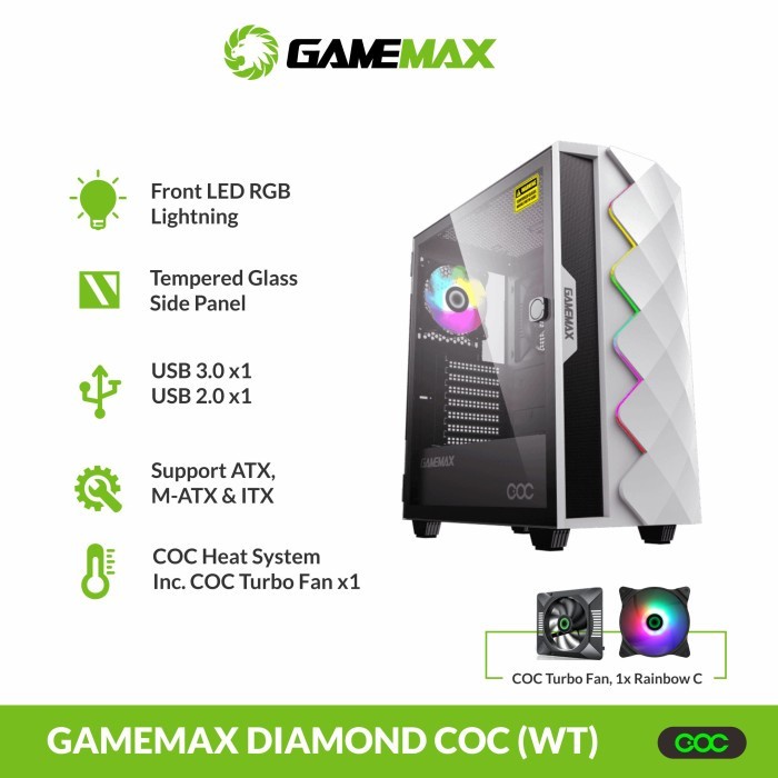 CASING GAMEMAX DIAMOND COC WHITE | PC Case with COC Turbo Fan