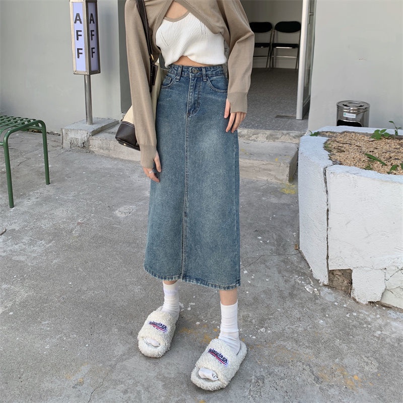 Korean High Waist Rok Jeans  A-Line Depan Split Jeans Kekinian