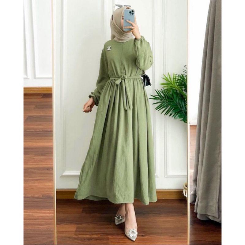 Bavina Midi Dress Pakaian Wanita Bahan Crinkle