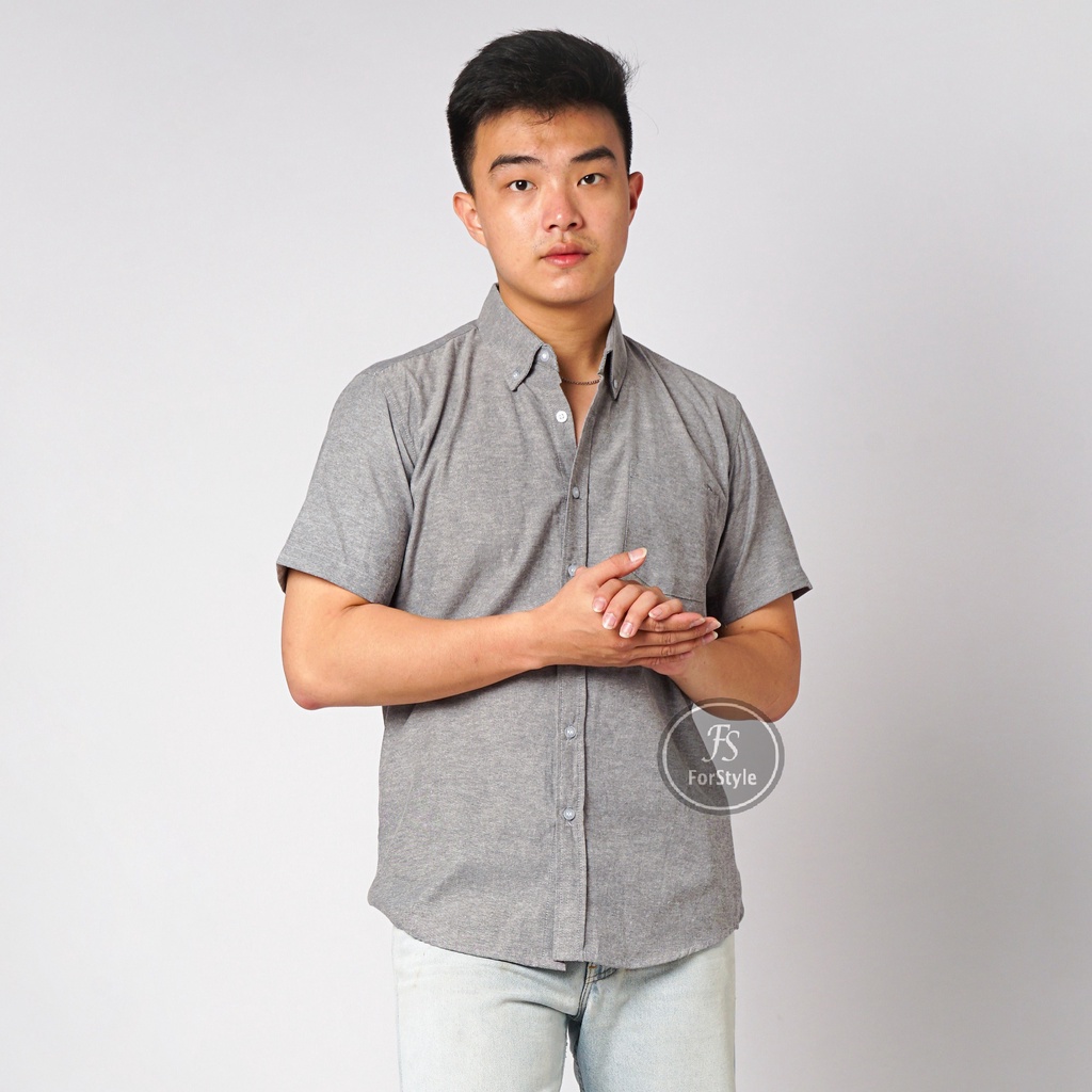 Kemeja Pria Polos Pendek Oxford Hitam Jeans