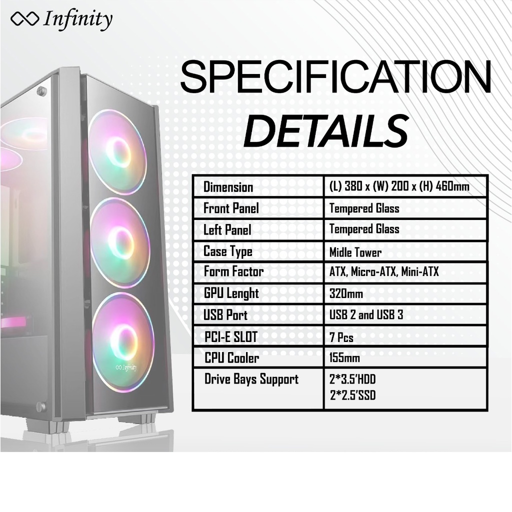 CASE INFINITY VESTA V3 + 4 FAN F121 | Tempered Glass Midle Tower Case