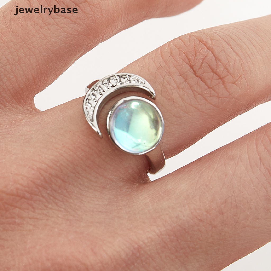 Cincin Model Terbuka Desain Batu Opal Kristal Bulan Warna Silver Gaya Vintage Untuk Dekorasi