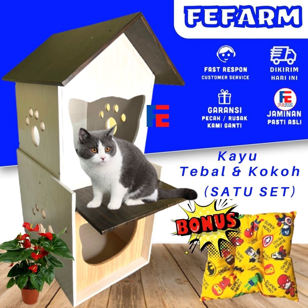 Rumah Tingkat Kucing Kandang Tempat Tidur Premium Quality Tebal BESAR Dan Kokoh Satu Set FEFARM