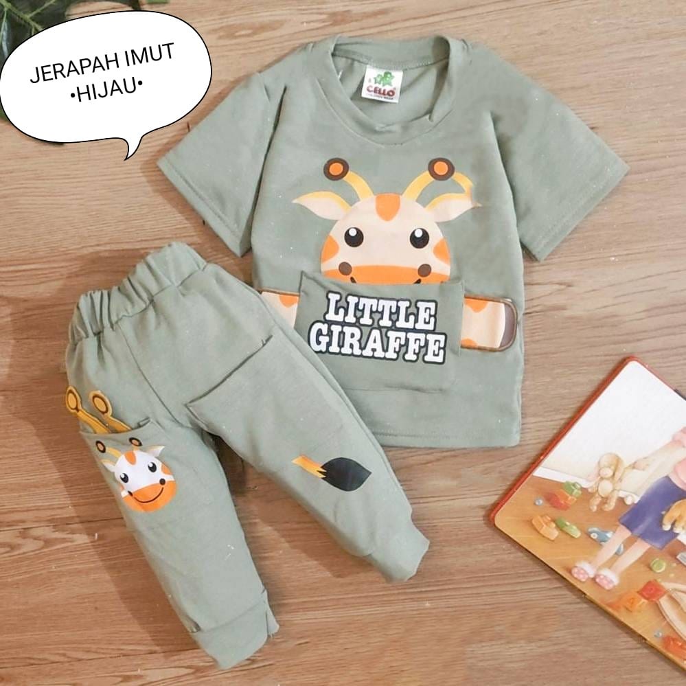 Setelan Anak Laki - Laki / Baju Bayi Cowok usia 3 bulan - 3 tahun Lengan Pendek Dan Celana Panjang Ada Kantong Motif Little Giraffe