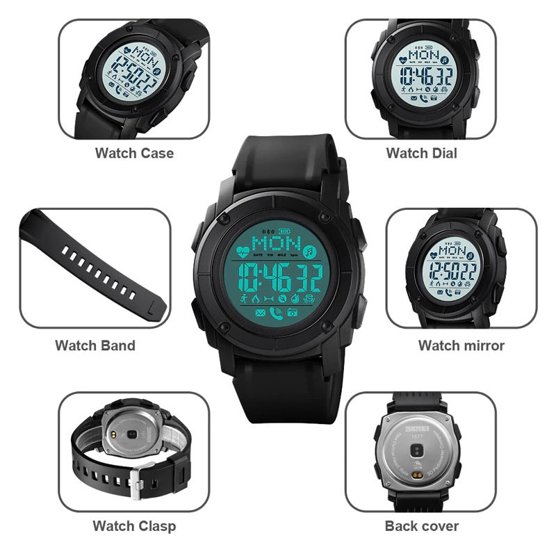 SKMEI Jam Tangan Smartwatch Pria Bluetooth Pedometer Heartrate - 1577 - Black/Black