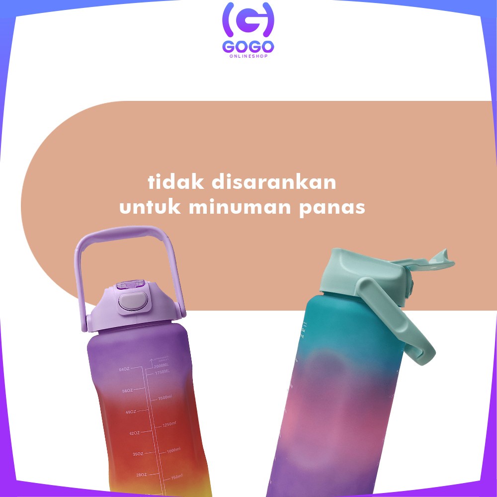 GOGO-C581 Botol Minum Tumbler 2Liter Gradasi Viral / Botol Air Motivasi Thumbler Pelangi Botol Penanda Waktu BPA Free