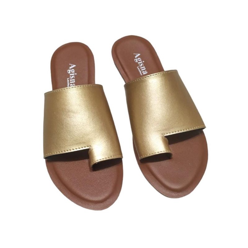 sandal kulit wanita warna gold sandal kulit warna emas sandal teplek slop sandal slip sandal asli sukaregang garut murah cantik terbaru trendy