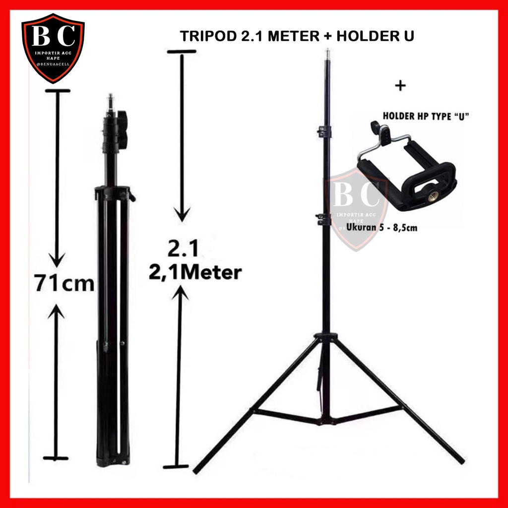 TRIPOD 2.1 METER + HOLDER U - TRIPOD 2.1M 1.6M - TRIPOD LAMPU RING LIGHT - BC