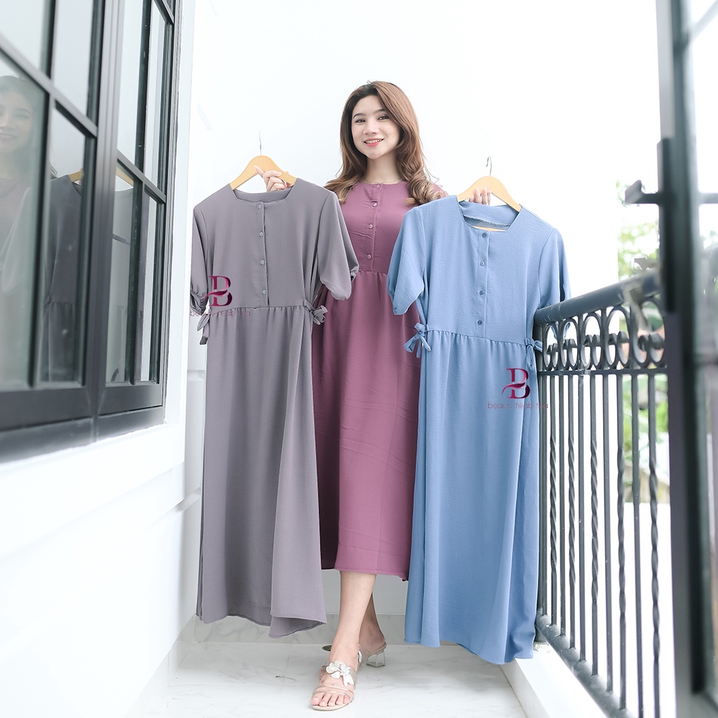 Anjani dress daster polos wanita fashion kasual terbaru busui friendly lengan balon LD 120 crincle airflow beautyhijabtisa