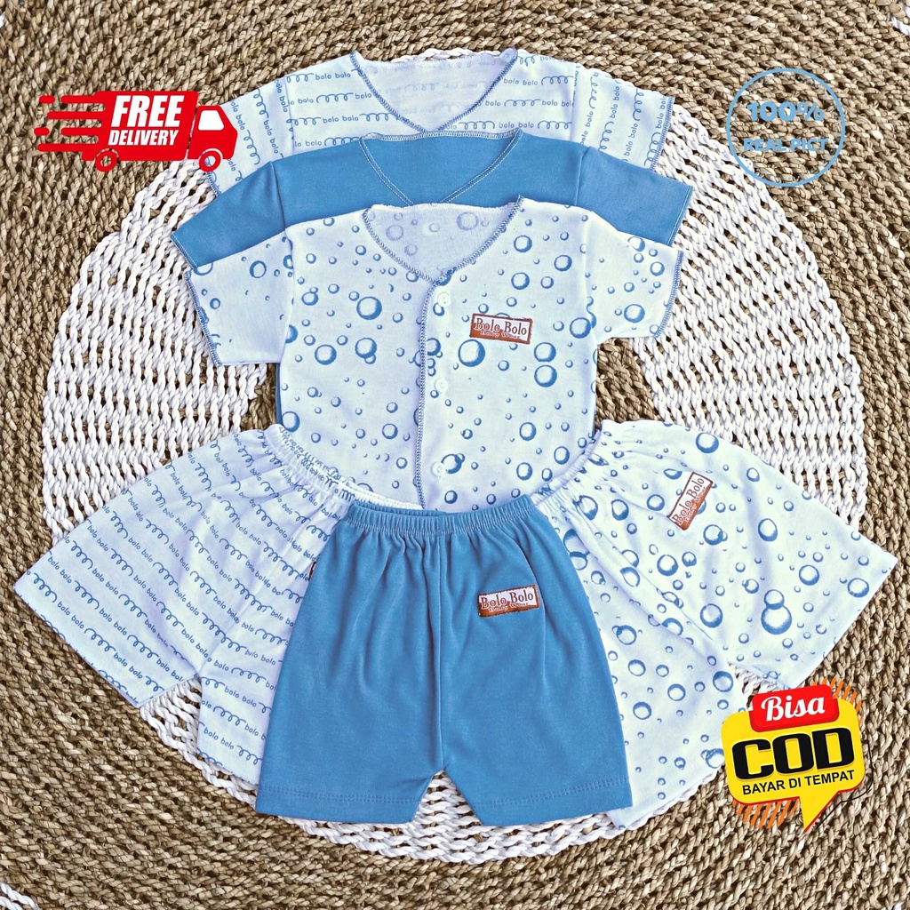 SALE 7.7 Serian Biru - 3 Stel Setelan Baju Bayi Tangan Pendek Celana Pendek Bayi 0 sd 3 Bulan BLUE SEA SERIES merk SNI Bolo - Bolo