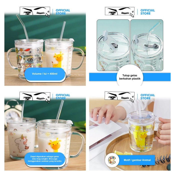 Gelas Kaca Bening Anti Tumpah Cup Minum Anak Dengan Gagang Sedotan CK3