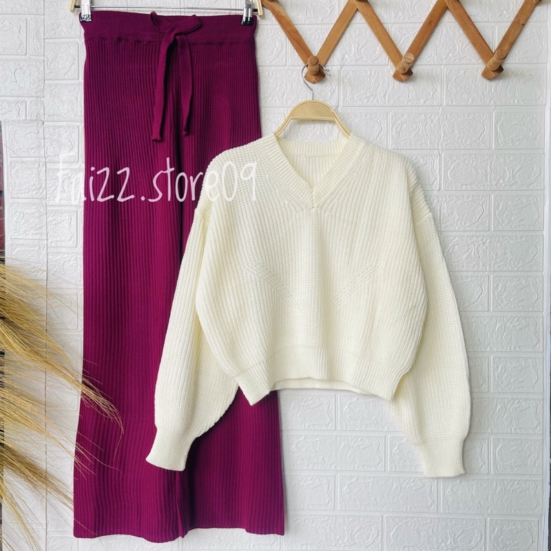 ONE SET HAYANA SWEATER CROP TOP SIDO BOLONG SETELAN CELANA KULOT RAJUT