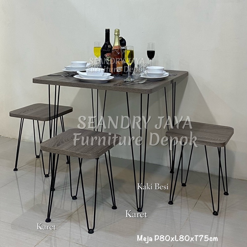 MEJA MAKAN MINIMALIS KECIL+3 KURSI GREY/KEKINIAN MODERN SIMPEL/Besi kayu mdf/SEANDRY JAYA Furniture 