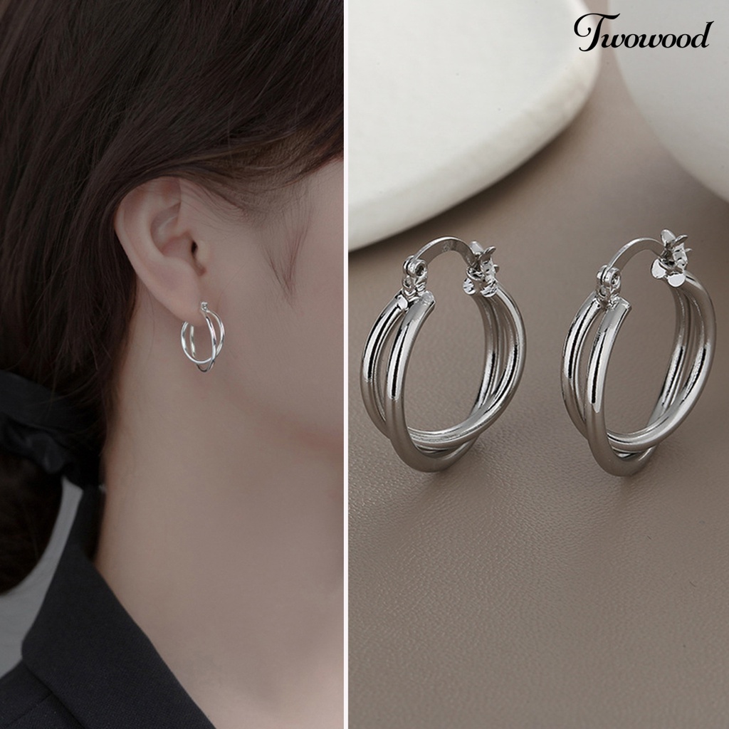 1 Pasang Anting Huggie Model Lapis Ganda Bahan Stainless Steel Anti Karat Anti Alergi Untuk Wanita