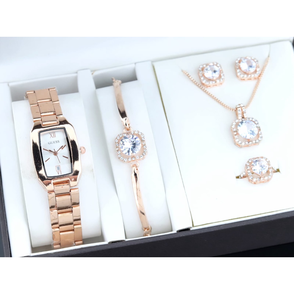 Jam tangan wanita Fullset Kalung Cincin Anting Dan Gelang Strap Rantai Tanggal Aktif