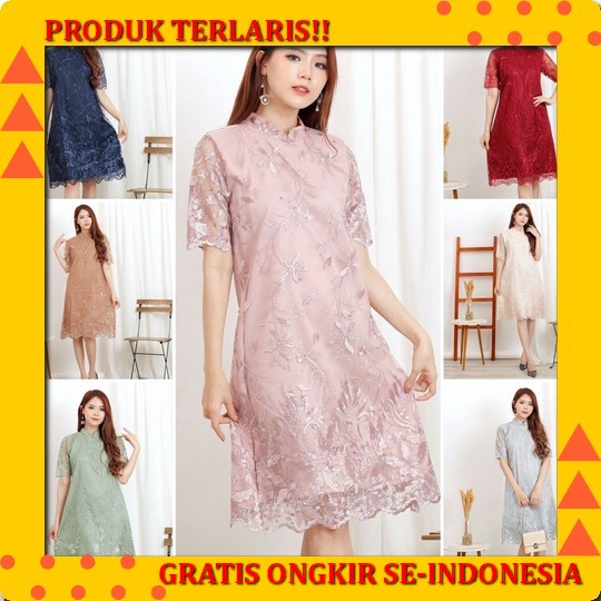 Dress Midi Brukat Lace Wanita Terbaru | Dress Pendek Style Korea | Casual Dress Tulle Elegant Mewah 