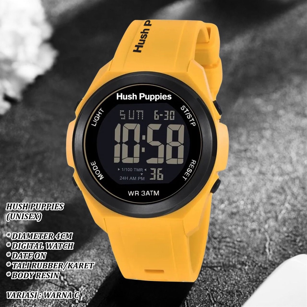 (BISA COD) JAM TANGAN DIGITAL UNISEX HUSH PUPPIES TALI RUBBER BODY RESIN BULAT TANGGAL AKTIF