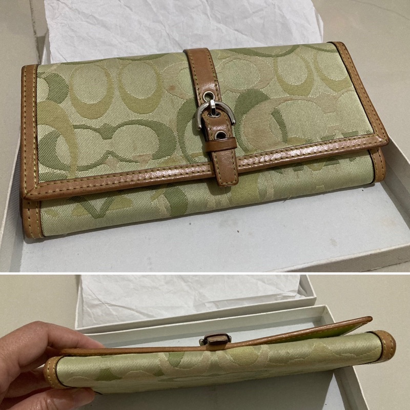 Preloved Authentic Coach Continental Long Wallet In Green Signature Canvas mix Genuine Leather|Dompet Panjang material canvas &amp; kulit asli