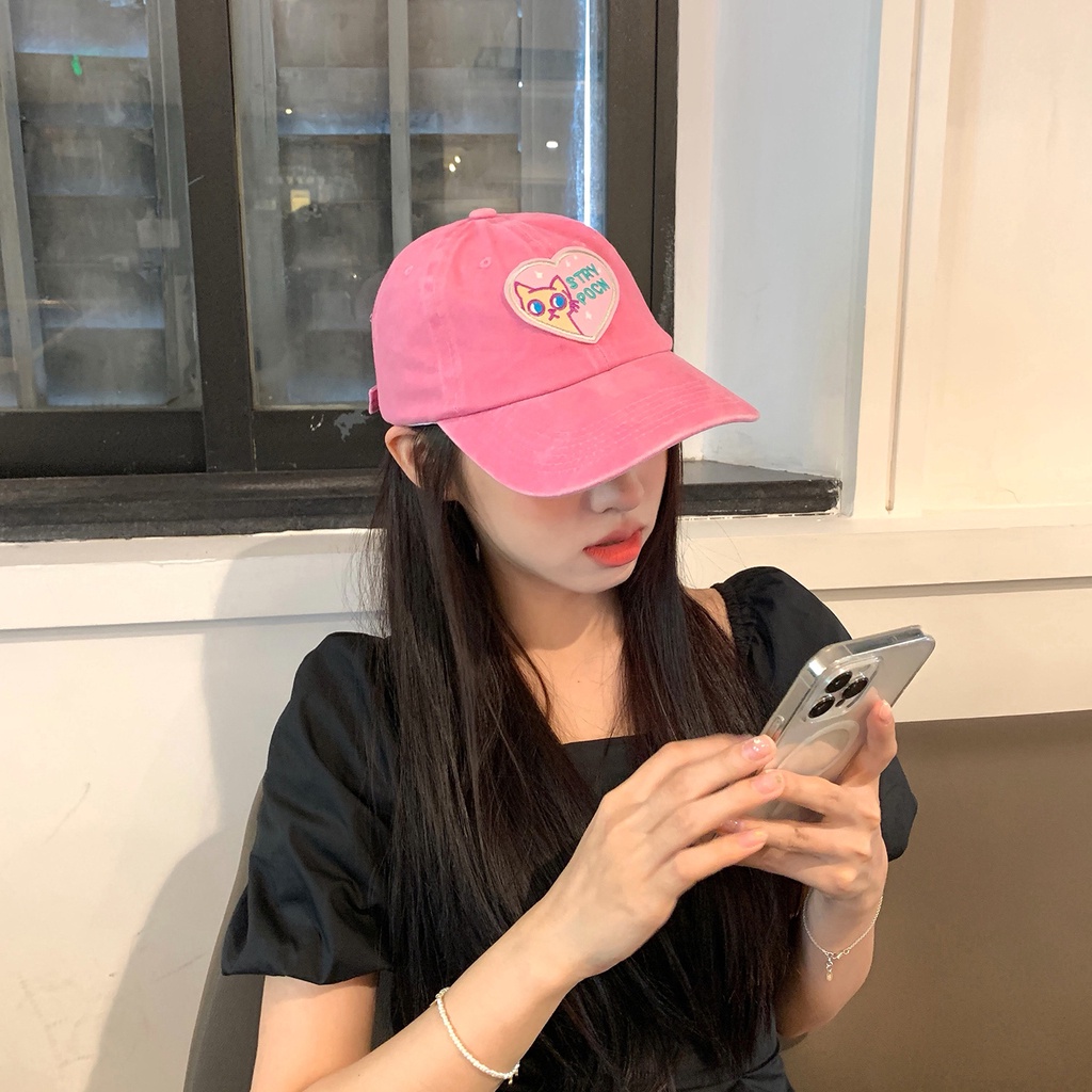 Topi Baseball Motif Bordir Hati Warna Pink Gaya Kasual