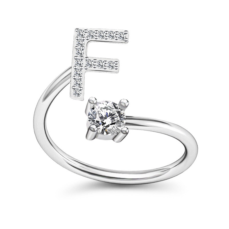 Korea Sederhana Surat Liar Berlian 26huruf Inggris Terbuka Adjustable Cincin Halo Perhiasan Gadis-F