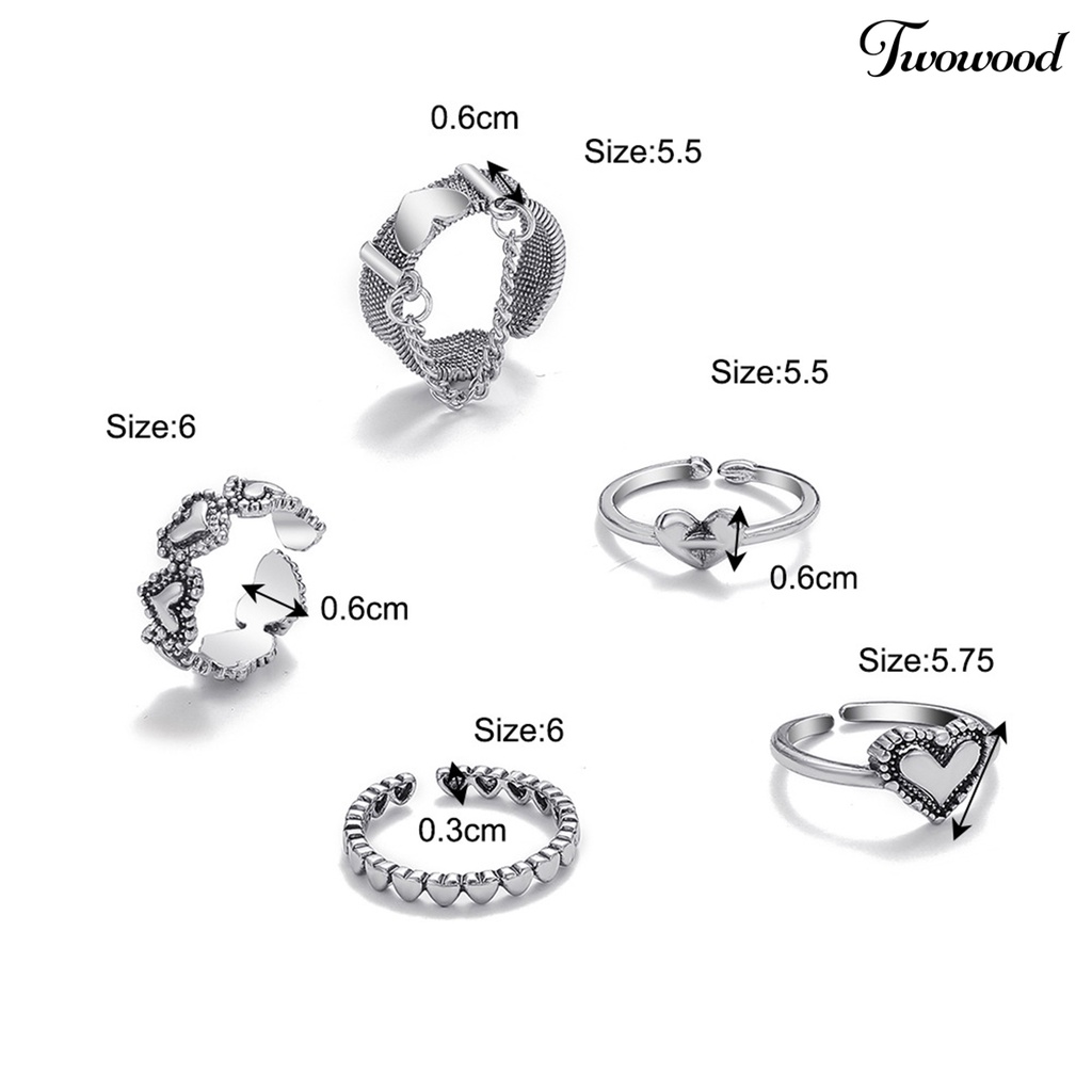 3 / 5Pcs Cincin Knuckle Model Hollow Out Hati Bahan Alloy Untuk Aksesoris Perhiasan