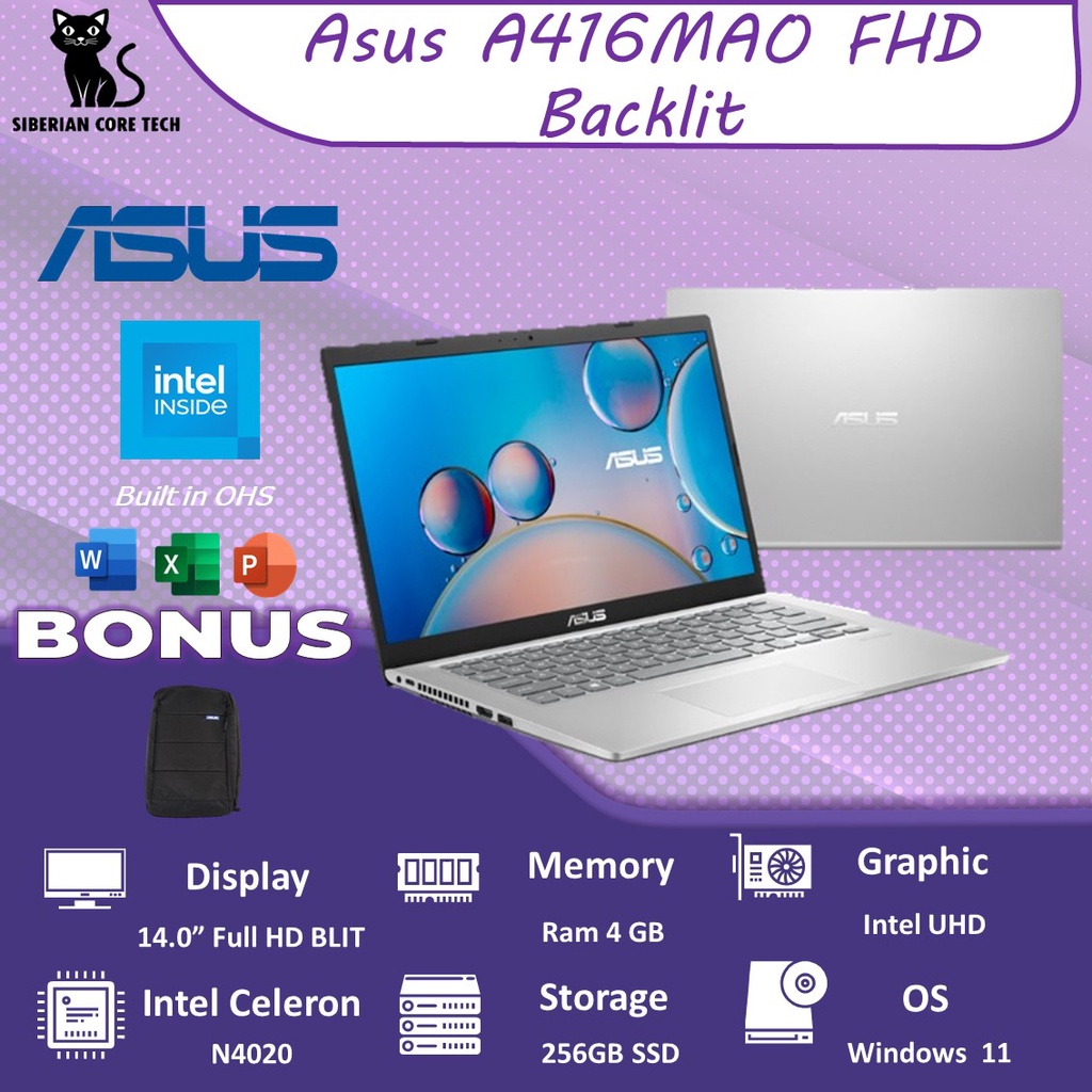 ASUS VIVOBOOK A416MAO N4020 8GB 256SSD W11+OHS 14.0FHD BLIT GARANSI 2 TAHUN