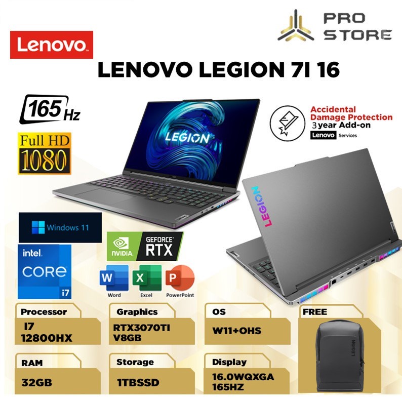 LAPTOP GAMING LENOVO LEGION 7I 16 RTX3070TI 8GB WQXGA 165HZ i7 12800HX RAM 32GB 1TB SSD W11