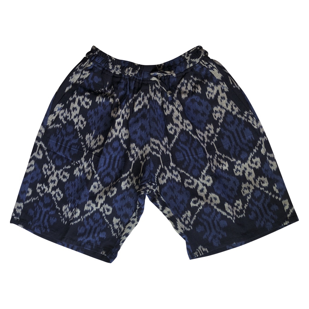 celana pendek pria motif kain tenun - hitam biru