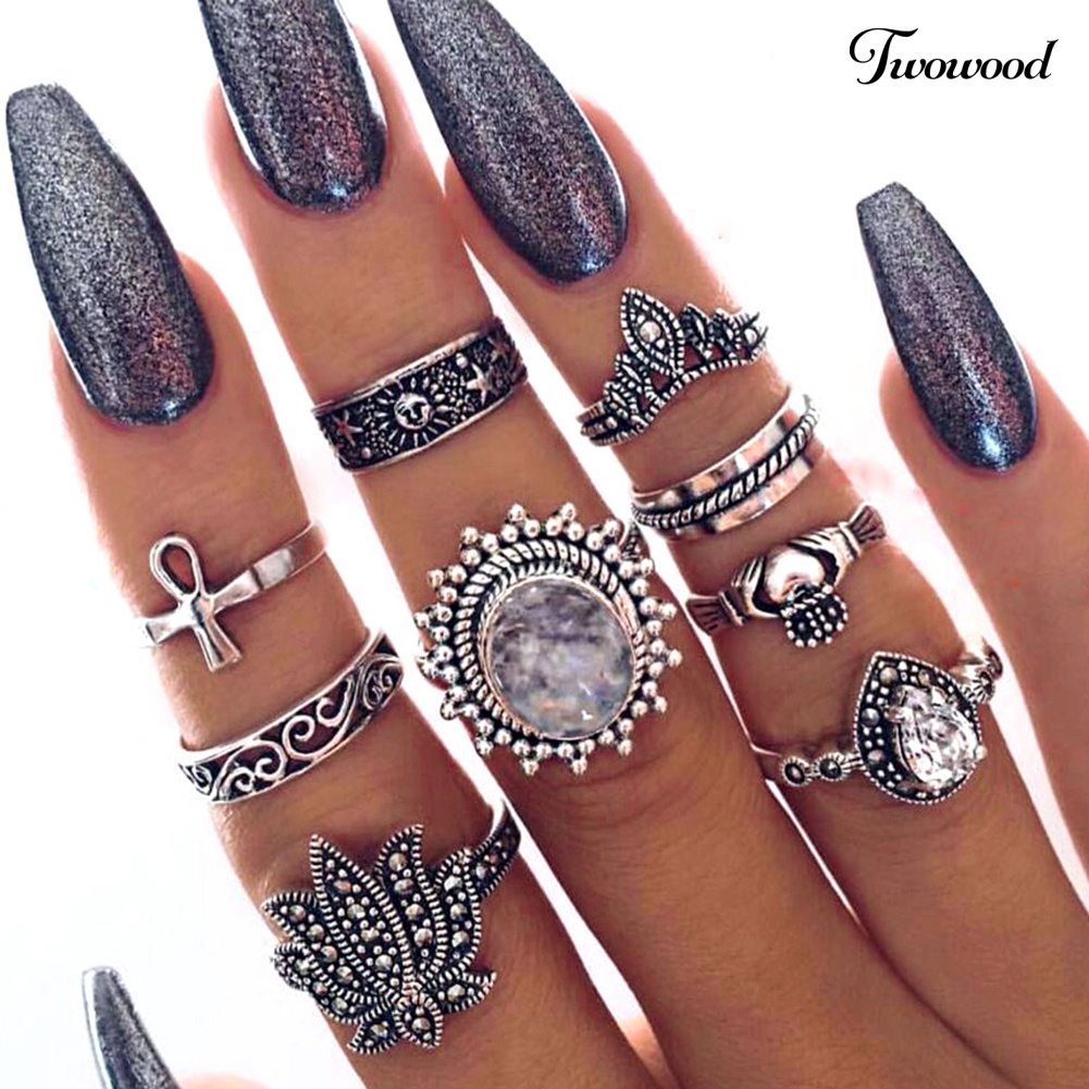 9 Pcs / Set Cincin Knuckle Berlian Imitasi Gaya Retro Untuk Wanita