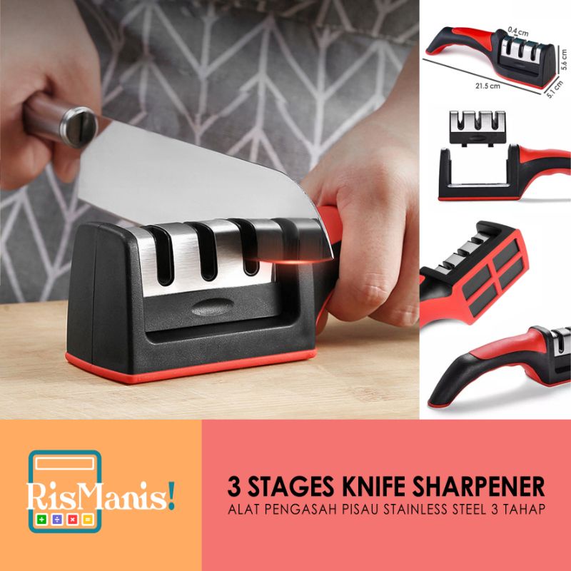 3 STAGES KNIFE SHARPENER - Alat Pengasah Mata Pisau Tajam Instan 3 Tahap Asahan Penajam Gunting Dapur 3 in 1 Pegangan Statis Asah Stainless Steel Anti Karat Power Gripper Anti Slip