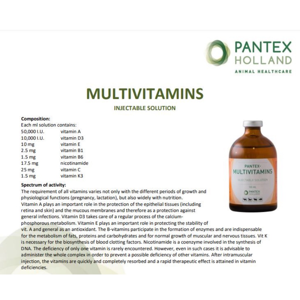 PANTEX MULTIVITAMIN | multivitamin injeksi vit A D3 E B1 B6 C dan K3 Untuk Sapi Kambing Kuda dll | 100 ml | Pantex Holland | Apoternak