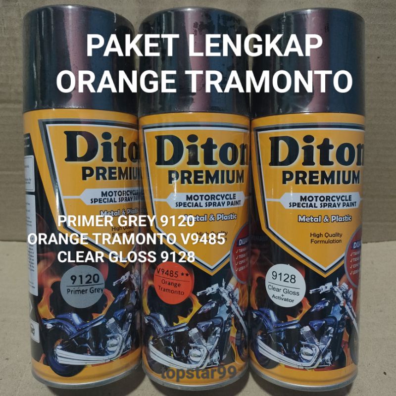 Pilok Cat Diton Premium Paket Lengkap 3 Kaleng Orange Tramonto Oren V9485 Primer Grey 9120 Clear Gloss 9128 400cc Pilok Paketan Cat Semprot Special Spray Paint