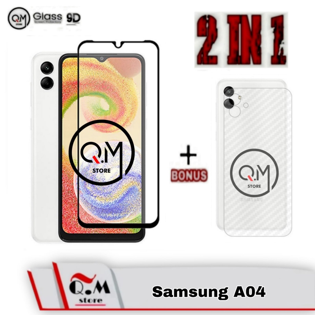 Paket 2 in1 Tempered Glass Layar  Samsung A04 New 2022 Anti Gores  Screen Guard Free Skin Carbon Garskin