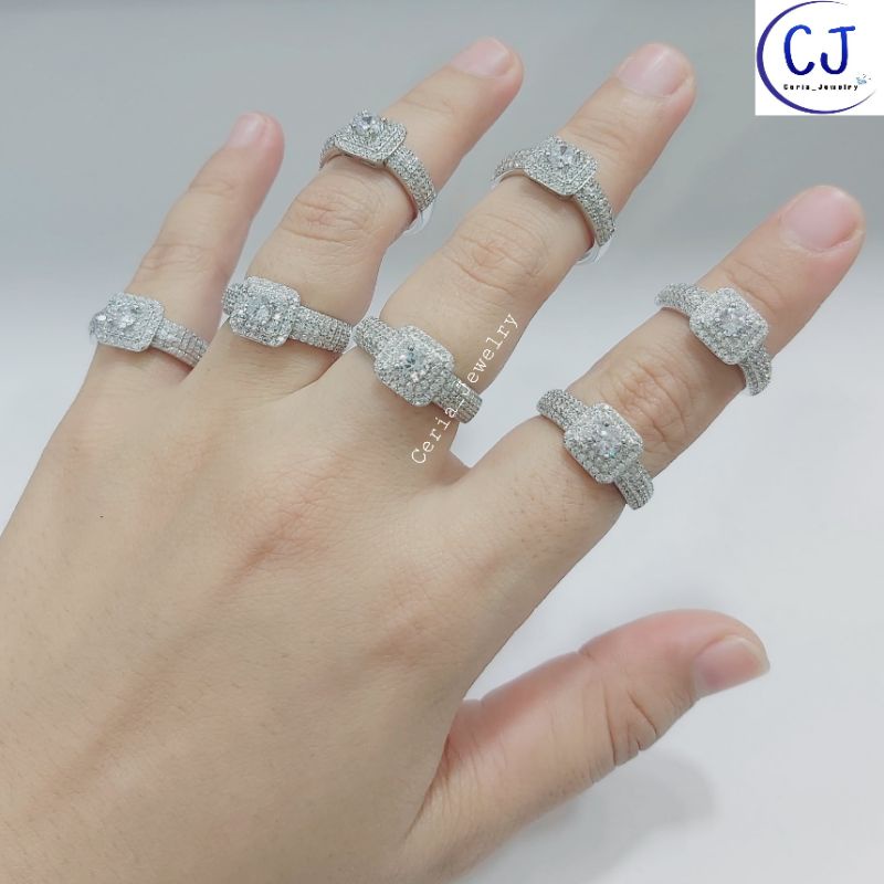 Cincin Perak Asli Silver Wanita 925 Lapis Emas Putih Model Kotak Permata full - Perhiasan Perak Asli Cincin Kotak