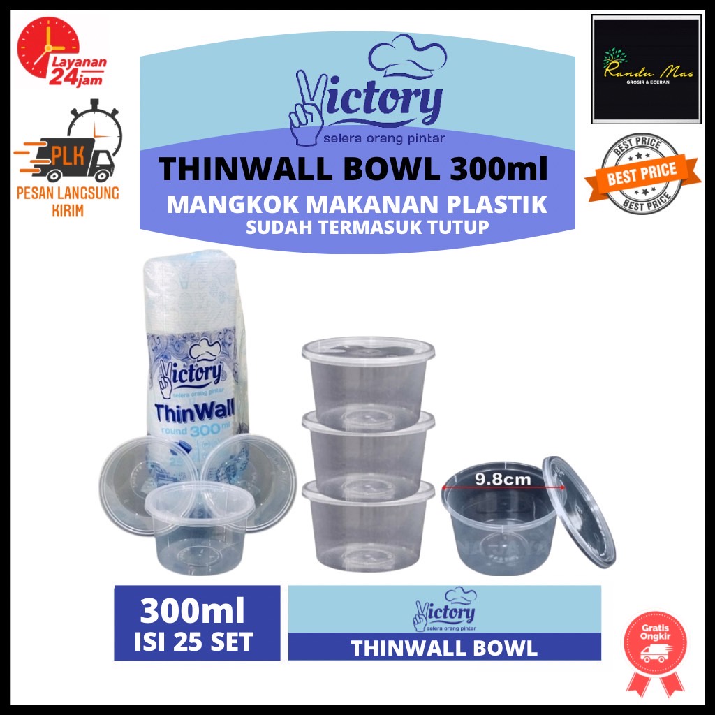 Thinwall Mangkuk Bulat 300ml + Tutup Thinwal Bowl Plastik Tempat Makan Mangkok Baso Bubur Ayam Mie 300 ml