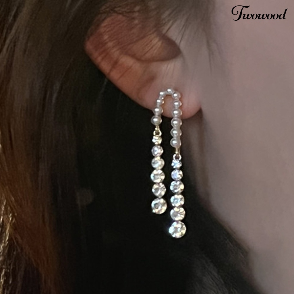 1 Pasang Anting Juntai Panjang Aksen Mutiara Tiruan Bahan Cubic Zirconia Gaya Perancis Untuk Wanita