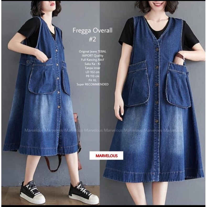 overall jeans wanita denim model saku depan