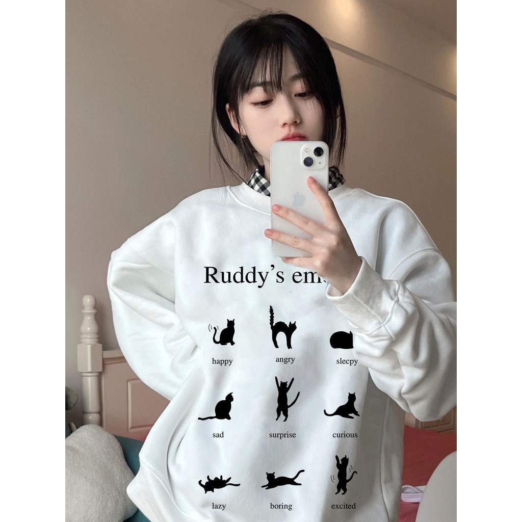 American retro kucing lucu cetak pullover sweater wanita musim gugur dan musim dingin pasang nasional merek longgar kapas tebal jaket bulu