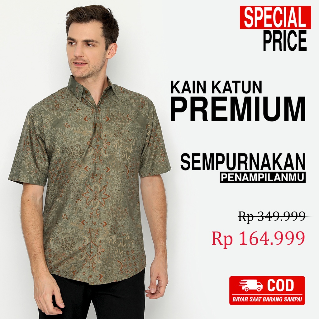 KEMEJA BATIK PRIA Lengan Pendek Motif Sekar Jagad Hijau Warna Alam 721229 Cap 72